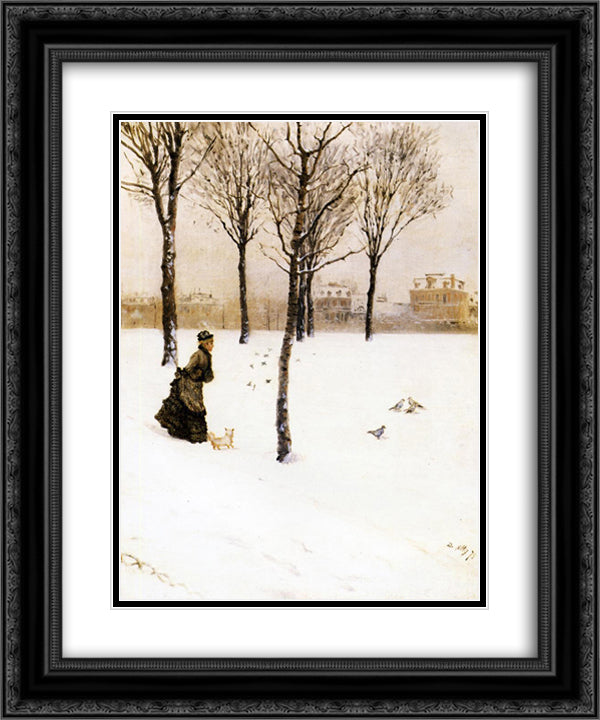 A Winter's Landscape 20x24 Black Ornate Wood Framed Art Print Poster with Double Matting by Nittis, Giuseppe de