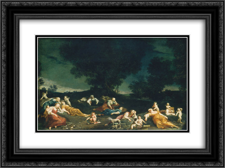 Cupids Disarming Sleeping Nymphs 24x18 Black Ornate Wood Framed Art Print Poster with Double Matting by Crespi, Giuseppe Maria