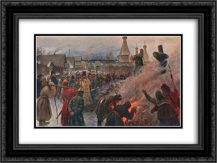 The burning of Archpriest Avvakum 24x18 Black Ornate Wood Framed Art Print Poster with Double Matting by Myasoyedov, Grigoriy
