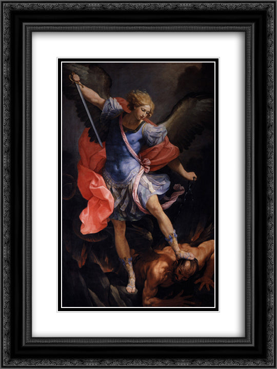 The Archangel Michael defeating Satan 18x24 Black Ornate Wood Framed Art Print Poster with Double Matting by Reni, Guido