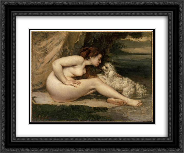 Female Nude with a Dog (Portrait of Leotine Renaude) 24x20 Black Ornate Wood Framed Art Print Poster with Double Matting by Courbet, Gustave