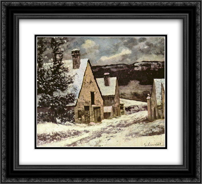 Village Street in Winter 22x20 Black Ornate Wood Framed Art Print Poster with Double Matting by Courbet, Gustave