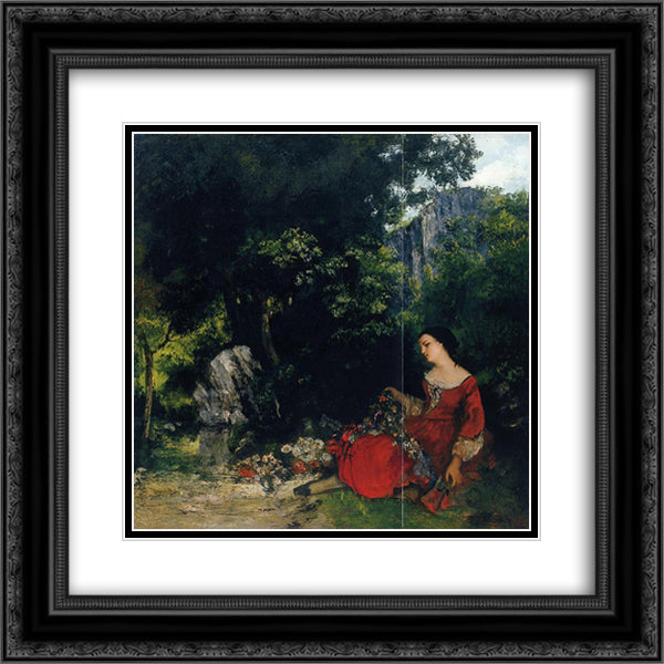 Woman with Garland 20x20 Black Ornate Wood Framed Art Print Poster with Double Matting by Courbet, Gustave