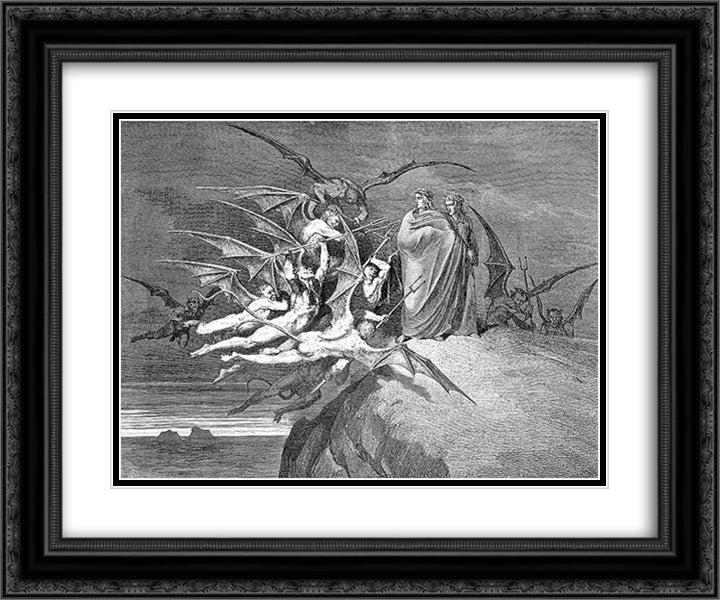 Devils and Virgil 24x20 Black Ornate Wood Framed Art Print Poster with Double Matting by Dore, Gustave