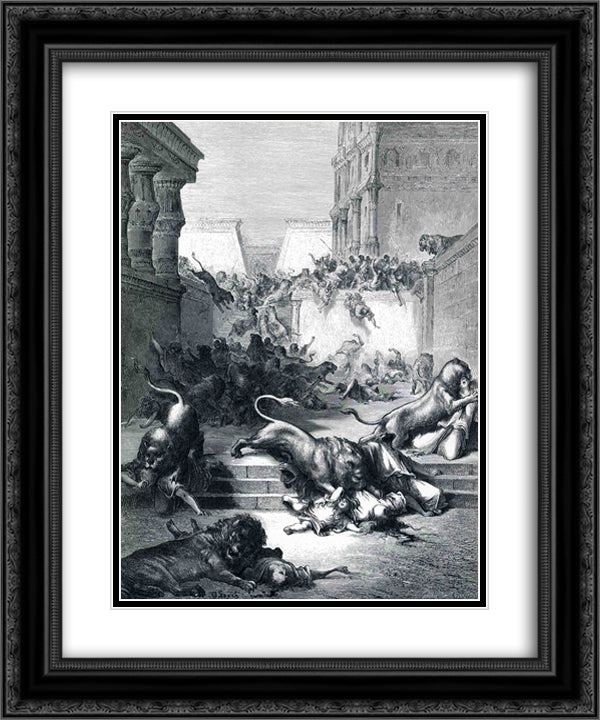 Foreign Nations Are Slain by Lions in Samaria 20x24 Black Ornate Wood Framed Art Print Poster with Double Matting by Dore, Gustave