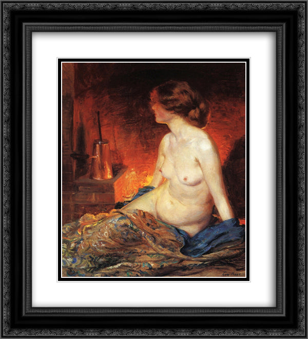 By the Fireside 20x22 Black Ornate Wood Framed Art Print Poster with Double Matting by Rose, Guy