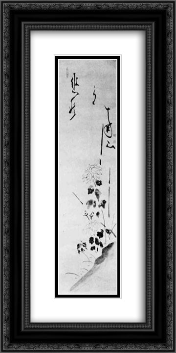 Chrysanthemums 12x24 Black Ornate Wood Framed Art Print Poster with Double Matting by Hakuin, Ekaku