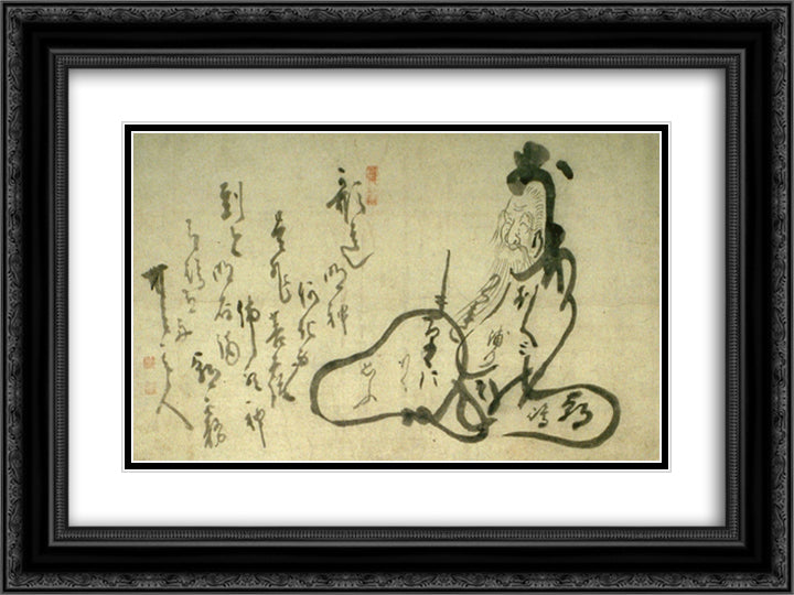 Hitomaro 24x18 Black Ornate Wood Framed Art Print Poster with Double Matting by Hakuin, Ekaku