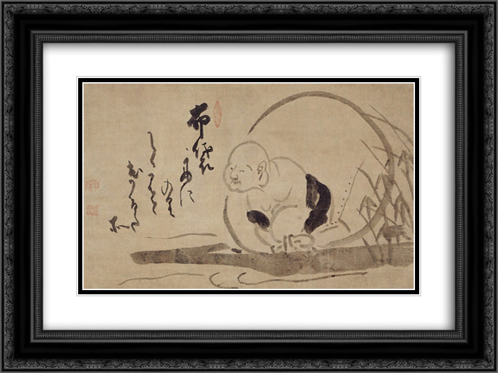 Hotei on a Boat 24x18 Black Ornate Wood Framed Art Print Poster with Double Matting by Hakuin, Ekaku