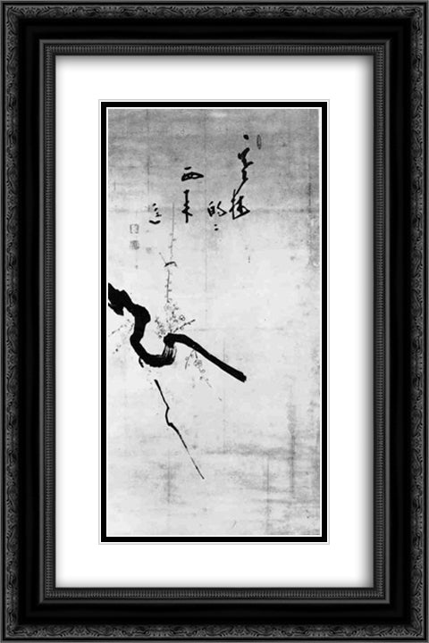 Plum and Sparrow 16x24 Black Ornate Wood Framed Art Print Poster with Double Matting by Hakuin, Ekaku