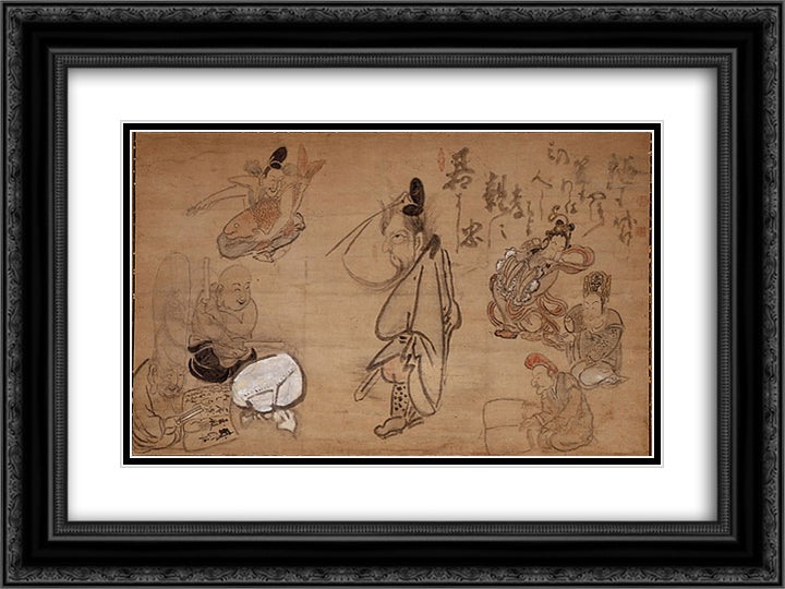 Seven Gods of Good Fortune 24x18 Black Ornate Wood Framed Art Print Poster with Double Matting by Hakuin, Ekaku