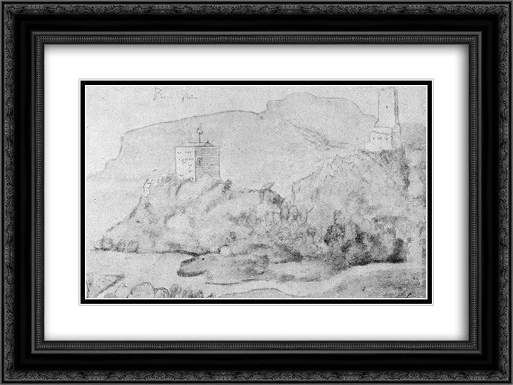 Drawing of the castles of Alsacien Ortenberg (right) and Ramstein (left) 24x18 Black Ornate Wood Framed Art Print Poster with Double Matting by Baldung, Hans