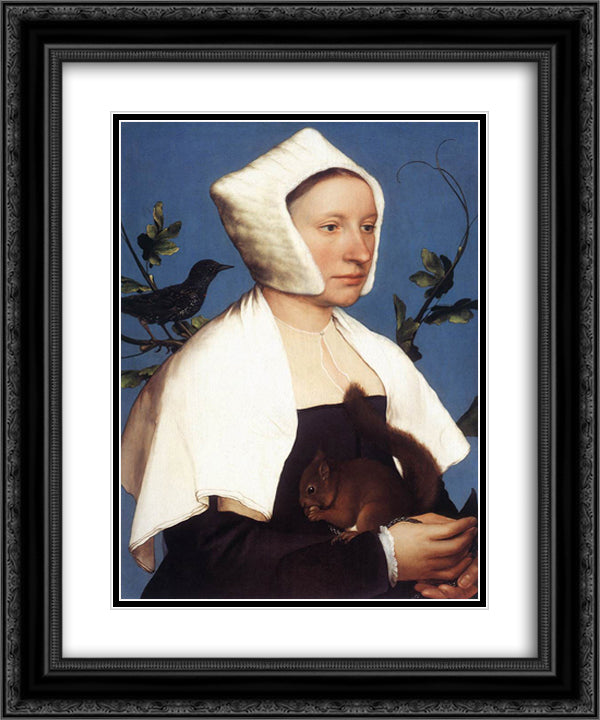Lady with a Squirrel and a Starling 20x24 Black Ornate Wood Framed Art Print Poster with Double Matting by Holbein the Younger, Hans