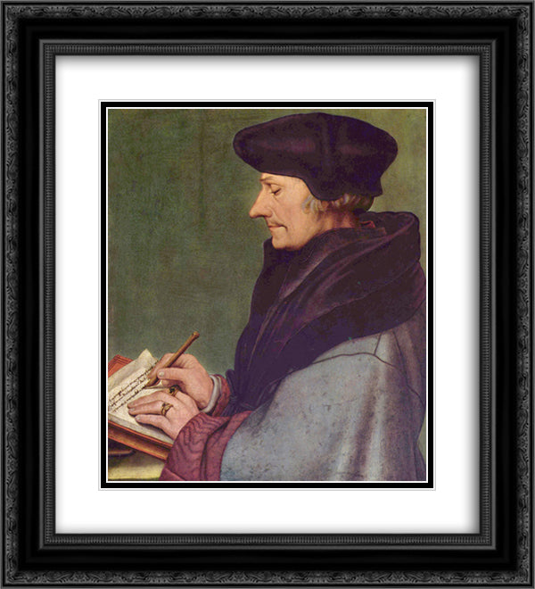 Portrait of Erasmus of Rotterdam Writing 20x22 Black Ornate Wood Framed Art Print Poster with Double Matting by Holbein the Younger, Hans