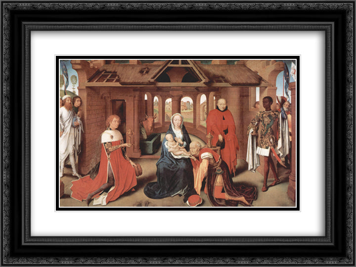 Adoration of the Magi, central panel of the Triptych of the Adoration of the Magi 24x18 Black Ornate Wood Framed Art Print Poster with Double Matting by Memling, Hans