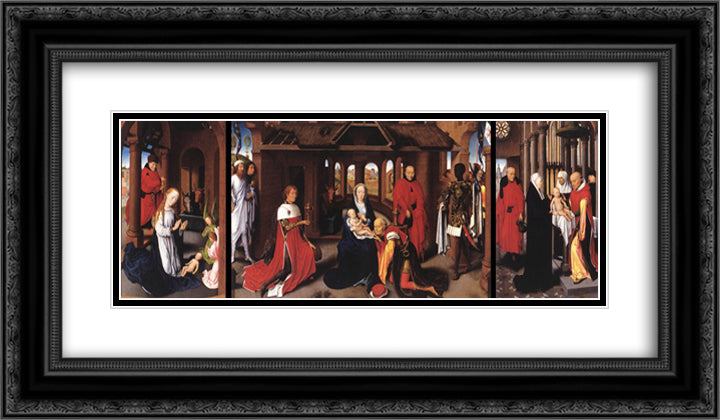 Adoration of the Magi Whole Triptych 24x14 Black Ornate Wood Framed Art Print Poster with Double Matting by Memling, Hans