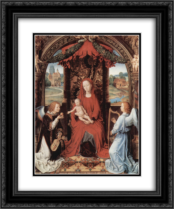 Madonna and Child Enthroned with Two Angels 20x24 Black Ornate Wood Framed Art Print Poster with Double Matting by Memling, Hans