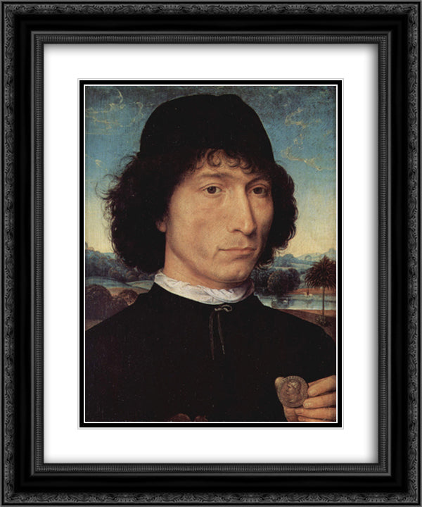 Portrait of a Man holding a coin of the Emperor Nero 20x24 Black Ornate Wood Framed Art Print Poster with Double Matting by Memling, Hans