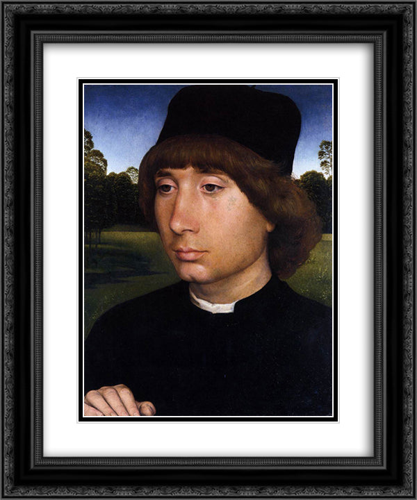 Portrait of a Young Man before a Landscape 20x24 Black Ornate Wood Framed Art Print Poster with Double Matting by Memling, Hans