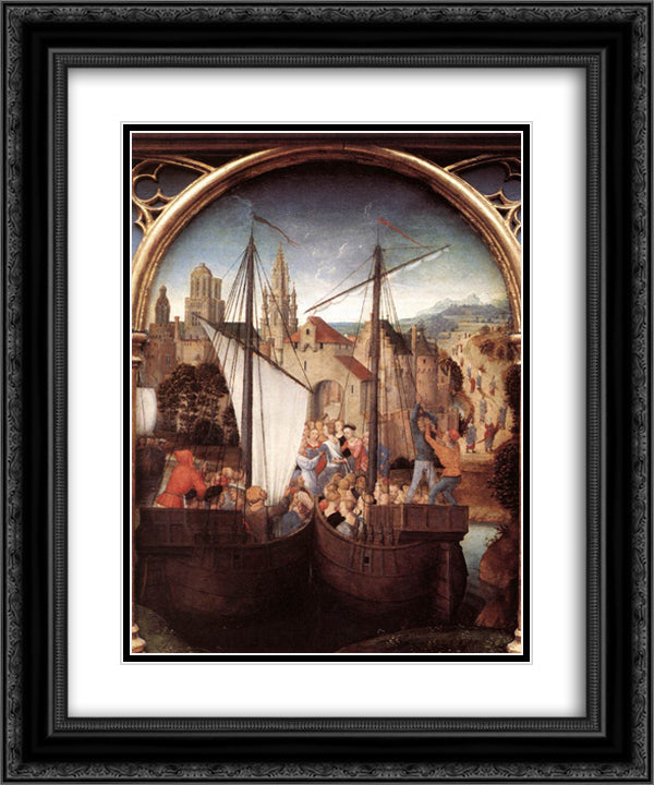 St. Ursula and her companions landing at Basel, from the Reliquary of St. Ursula 20x24 Black Ornate Wood Framed Art Print Poster with Double Matting by Memling, Hans