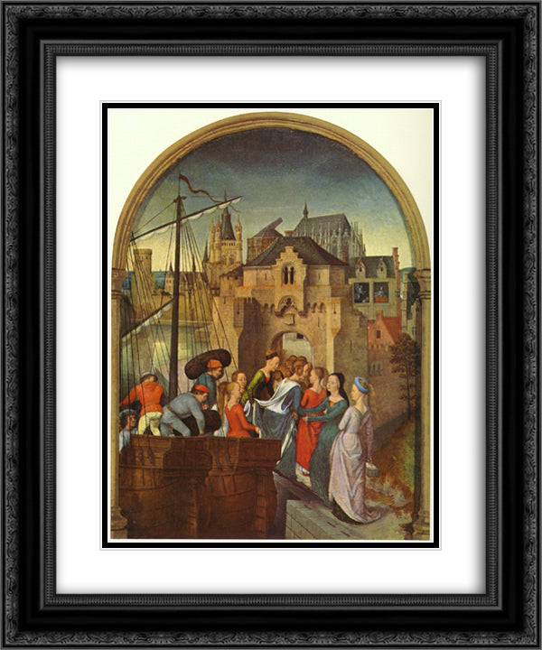St. Ursula and her companions landing at Cologne, from the Reliquary of St. Ursula 20x24 Black Ornate Wood Framed Art Print Poster with Double Matting by Memling, Hans