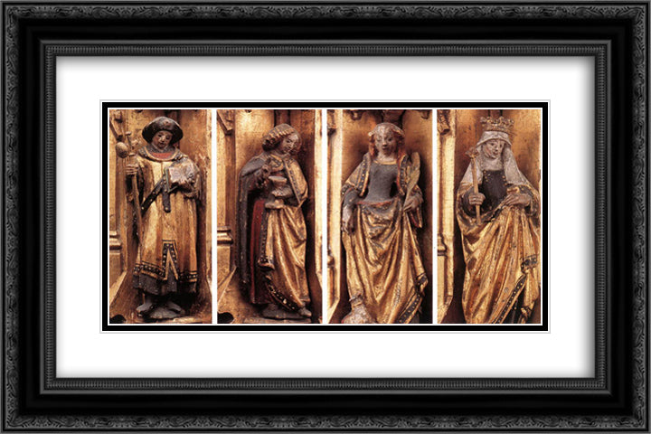 St. Ursula Shrine Figures 24x16 Black Ornate Wood Framed Art Print Poster with Double Matting by Memling, Hans