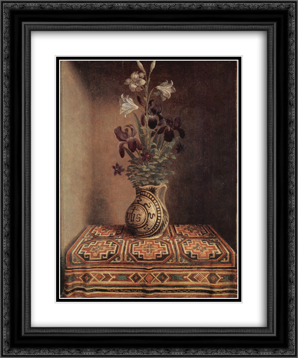 Still Life with a Jug with Flowers. The reverse side of the Portrait of a Praying Man 20x24 Black Ornate Wood Framed Art Print Poster with Double Matting by Memling, Hans