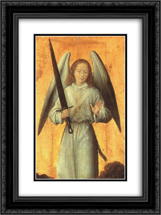 The Archangel Michael 18x24 Black Ornate Wood Framed Art Print Poster with Double Matting by Memling, Hans
