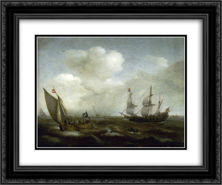A Dutch Ship and a Kaag in a Fresh Breeze 24x20 Black Ornate Wood Framed Art Print Poster with Double Matting by Vroom, Hendrick Cornelisz