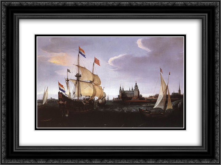 Arrival of a Dutch Three-master at Schloss Kronberg 24x18 Black Ornate Wood Framed Art Print Poster with Double Matting by Vroom, Hendrick Cornelisz