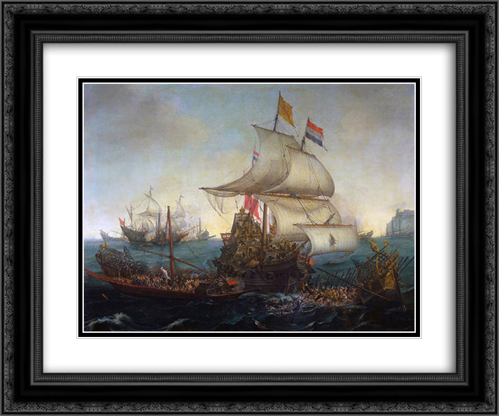 Dutch Ships Ramming Spanish Galleys off the Flemish Coast in October 1602 24x20 Black Ornate Wood Framed Art Print Poster with Double Matting by Vroom, Hendrick Cornelisz
