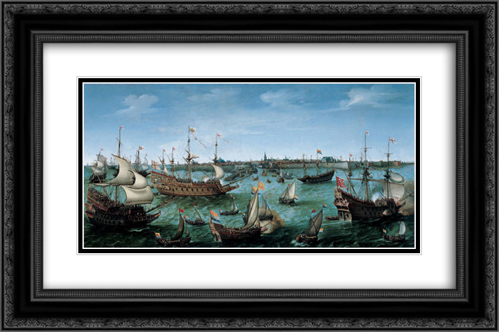 The Arrival at Vlissingen of Frederick V, Elector Palatine 24x16 Black Ornate Wood Framed Art Print Poster with Double Matting by Vroom, Hendrick Cornelisz