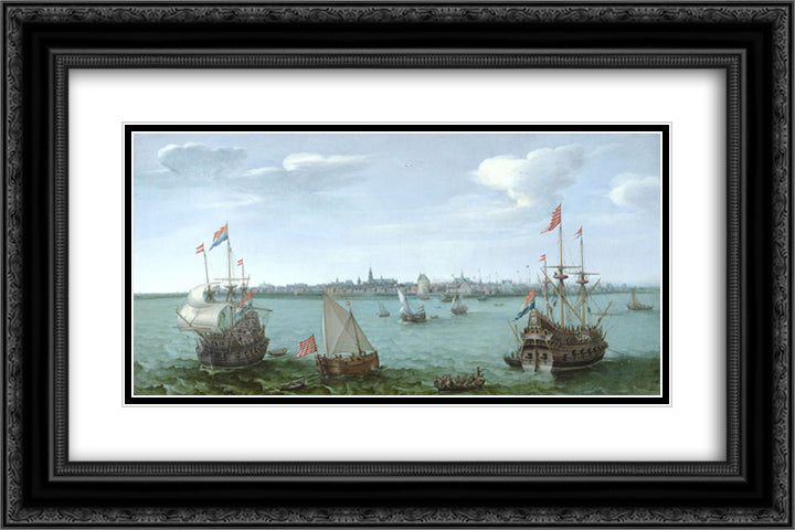 View of Hoorn (Netherlands) 24x16 Black Ornate Wood Framed Art Print Poster with Double Matting by Vroom, Hendrick Cornelisz