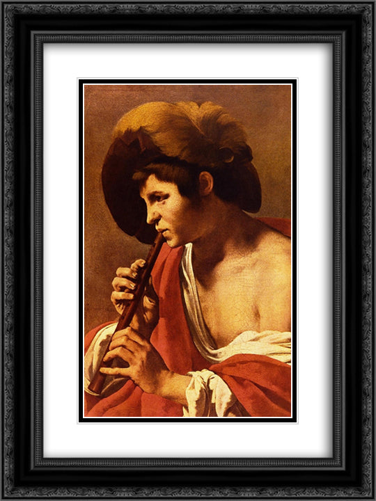 Boy Playing a Recorder 18x24 Black Ornate Wood Framed Art Print Poster with Double Matting by Terbrugghen, Hendrick