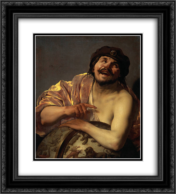 Democritus 20x22 Black Ornate Wood Framed Art Print Poster with Double Matting by Terbrugghen, Hendrick