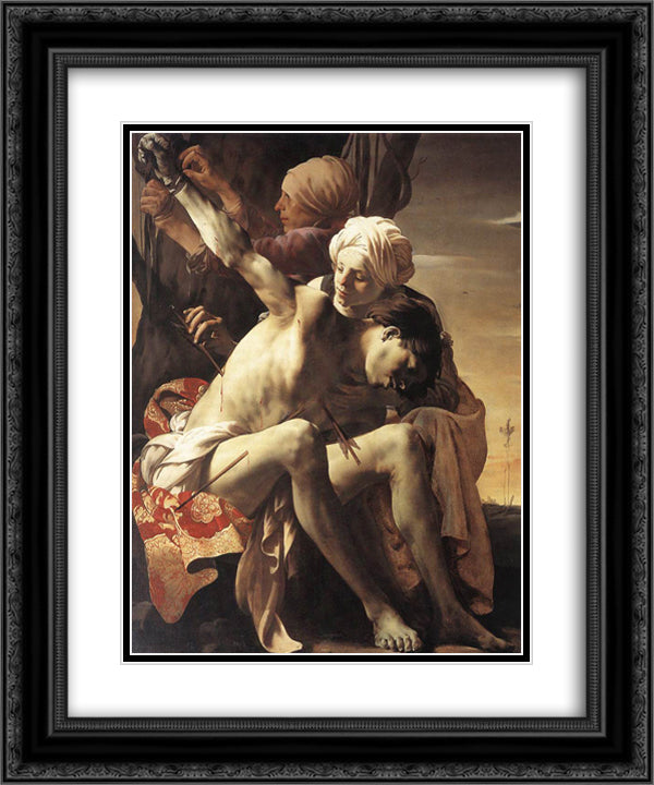 St. Sebastian Tended by Irene and her Maid 20x24 Black Ornate Wood Framed Art Print Poster with Double Matting by Terbrugghen, Hendrick
