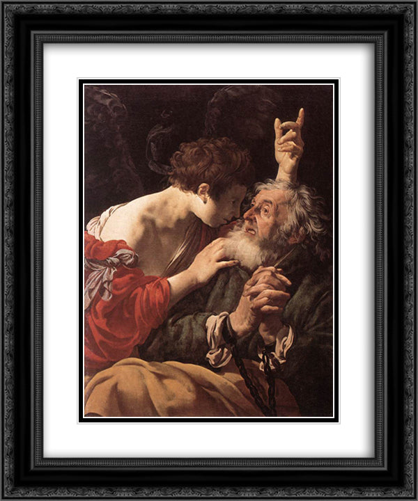 The Deliverance of St. Peter 20x24 Black Ornate Wood Framed Art Print Poster with Double Matting by Terbrugghen, Hendrick