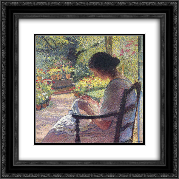 A Woman Sewing 20x20 Black Ornate Wood Framed Art Print Poster with Double Matting by Martin, Henri