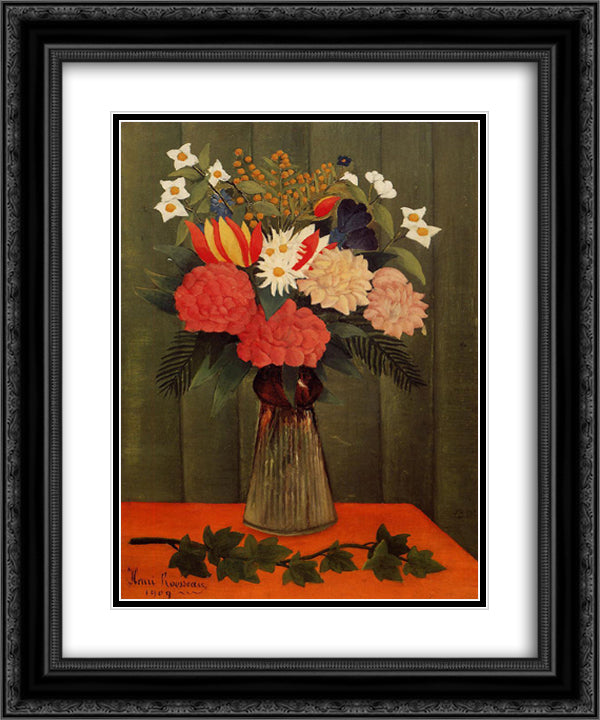 Bouquet of Flowers with an Ivy Branch 20x24 Black Ornate Wood Framed Art Print Poster with Double Matting by Rousseau, Henri