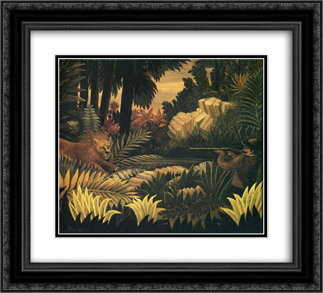 The Lion Hunter 22x20 Black Ornate Wood Framed Art Print Poster with Double Matting by Rousseau, Henri