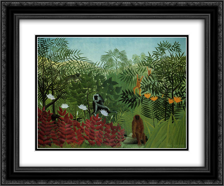 Tropical Forest with Apes and Snake 24x20 Black Ornate Wood Framed Art Print Poster with Double Matting by Rousseau, Henri
