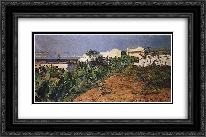 Casas Brancas de Caprile 24x16 Black Ornate Wood Framed Art Print Poster with Double Matting by Pousao, Henrique