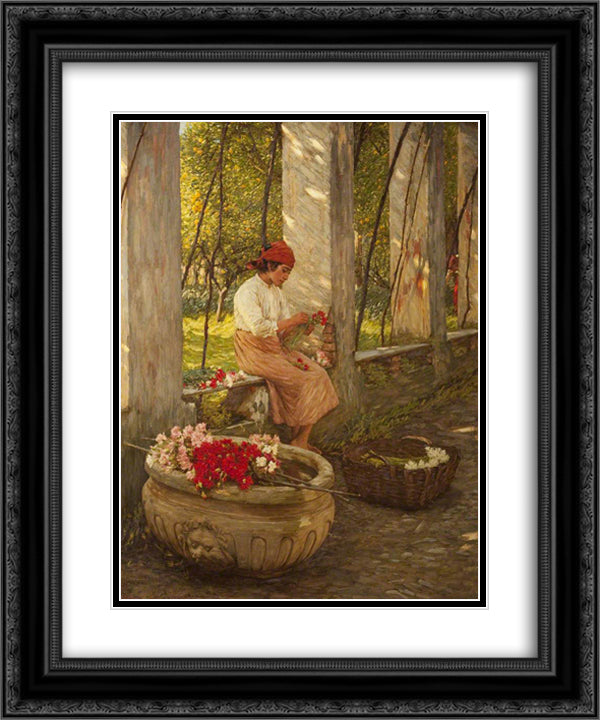A Ligurian Flower Girl 20x24 Black Ornate Wood Framed Art Print Poster with Double Matting by La Thangue, Henry Herbert