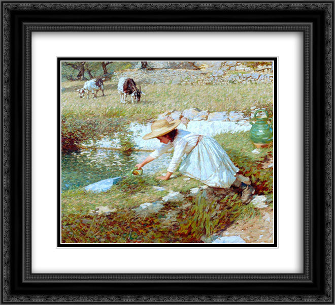 A Provencal Stream 22x20 Black Ornate Wood Framed Art Print Poster with Double Matting by La Thangue, Henry Herbert