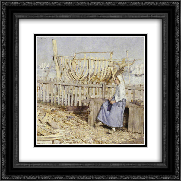 The Boat Builder's Yard, Cancale, Brittany 20x20 Black Ornate Wood Framed Art Print Poster with Double Matting by La Thangue, Henry Herbert