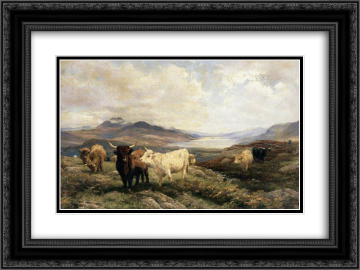 Landscape with Cattle, Morning 24x18 Black Ornate Wood Framed Art Print Poster with Double Matting by Davis, Henry William Banks