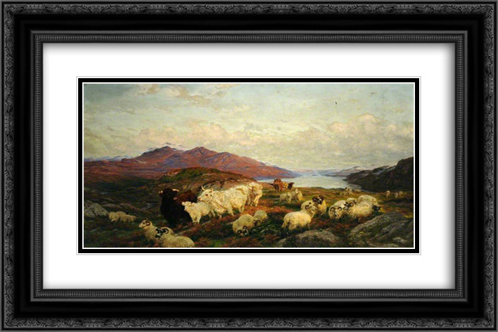 Landscape with Cattle and Sheep 24x16 Black Ornate Wood Framed Art Print Poster with Double Matting by Davis, Henry William Banks