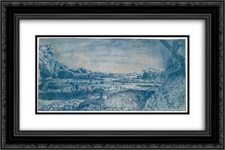 Mountain Valley with Fenced Fields 24x16 Black Ornate Wood Framed Art Print Poster with Double Matting by Seghers, Hercules
