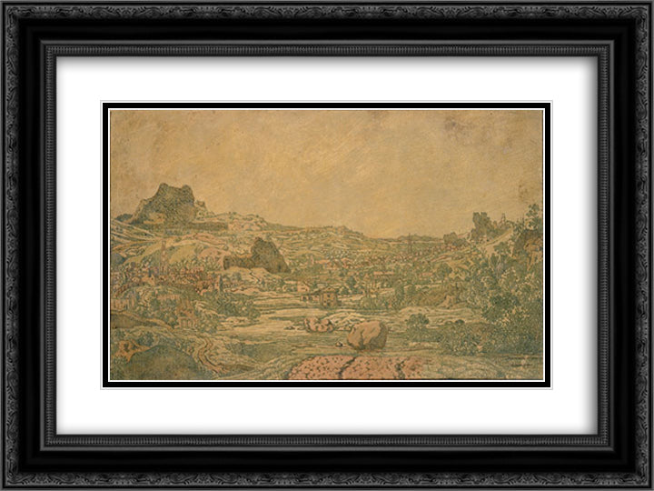 Town with four towers 24x18 Black Ornate Wood Framed Art Print Poster with Double Matting by Seghers, Hercules