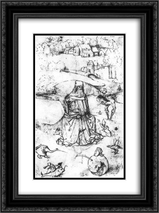 Temptation of St Anthony 18x24 Black Ornate Wood Framed Art Print Poster with Double Matting by Bosch, Hieronymus
